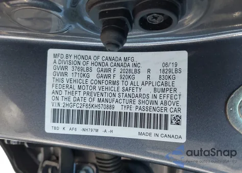 2019 Honda Civic Lx from USA, damaged, VIN 2HGFC2F65KH570889